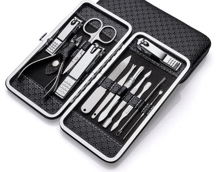 Complete nail clipper set with 8/9/11/12/16/19PCS stainless steel manicure and pedicure tools, including nail scissors, earpick, and toe nail clippers