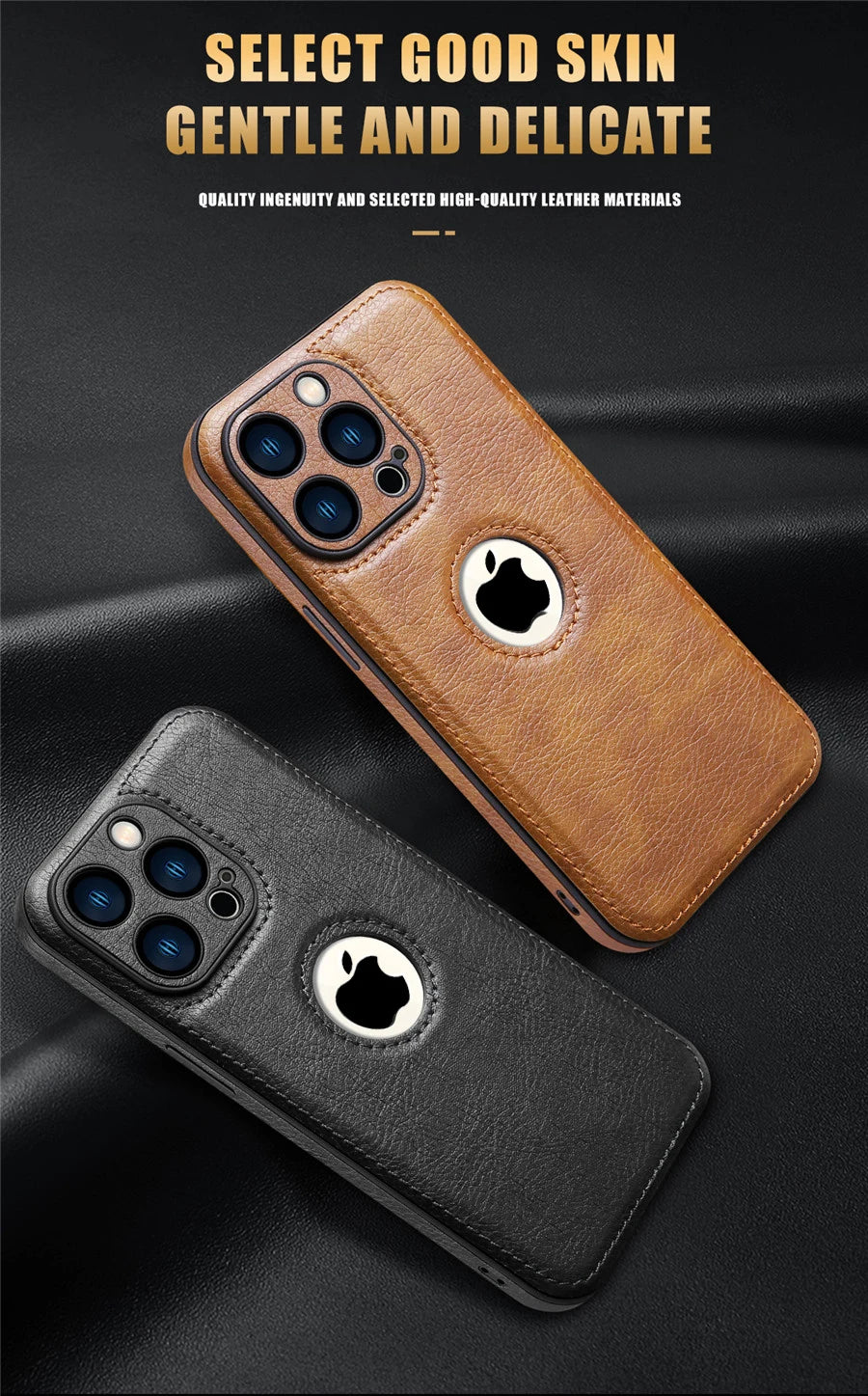 Luxury leather case with logo cutout and lens protection for iPhone 15 Pro Max, 14, 13, 12, 11, and older models