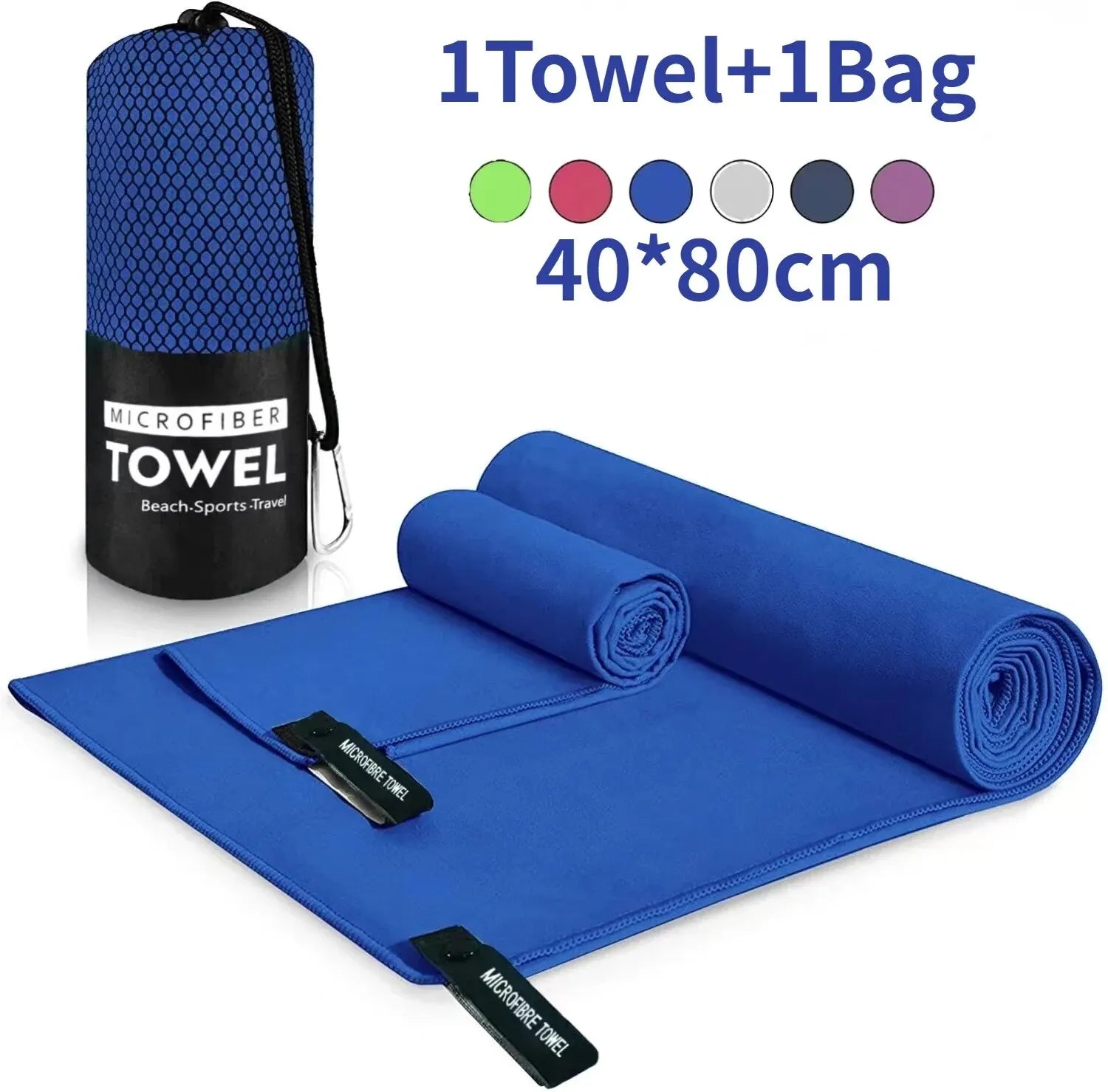 Quick-drying sports towel in blue, grey, green, and orange for gym, swimming, fitness, and outdoor activities