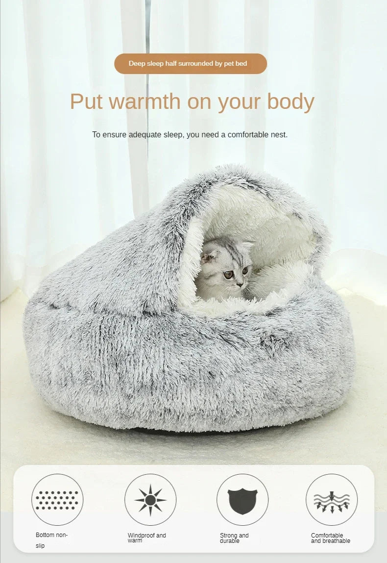 2 in 1 Winter Soft Plush Pet Bed Round Cat Bed Pet Mattress for Small Dogs and Kittens – Warm Sleeping Nest Cave