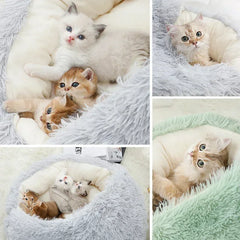 2 in 1 Winter Soft Plush Pet Bed Round Cat Bed Pet Mattress for Small Dogs and Kittens – Warm Sleeping Nest Cave