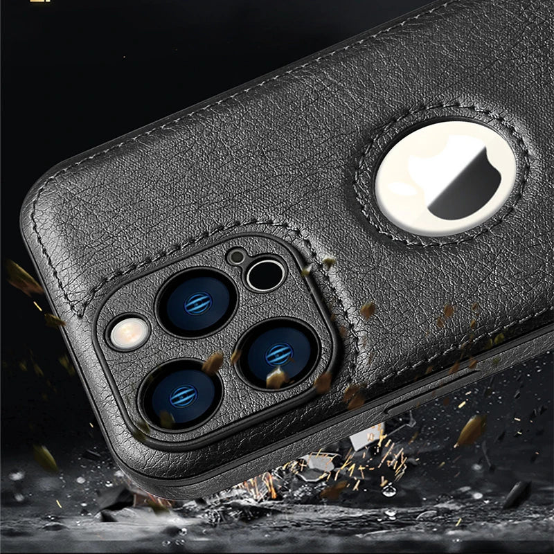 Luxury leather case with logo cutout and lens protection for iPhone 15 Pro Max, 14, 13, 12, 11, and older models