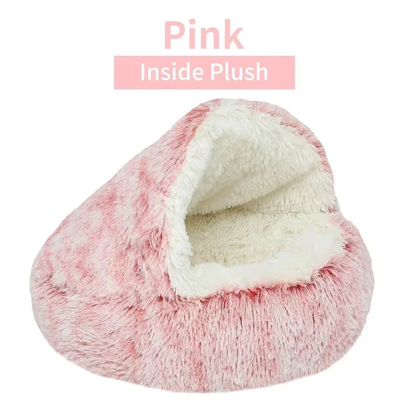 2 in 1 Winter Soft Plush Pet Bed Round Cat Bed Pet Mattress for Small Dogs and Kittens – Warm Sleeping Nest Cave