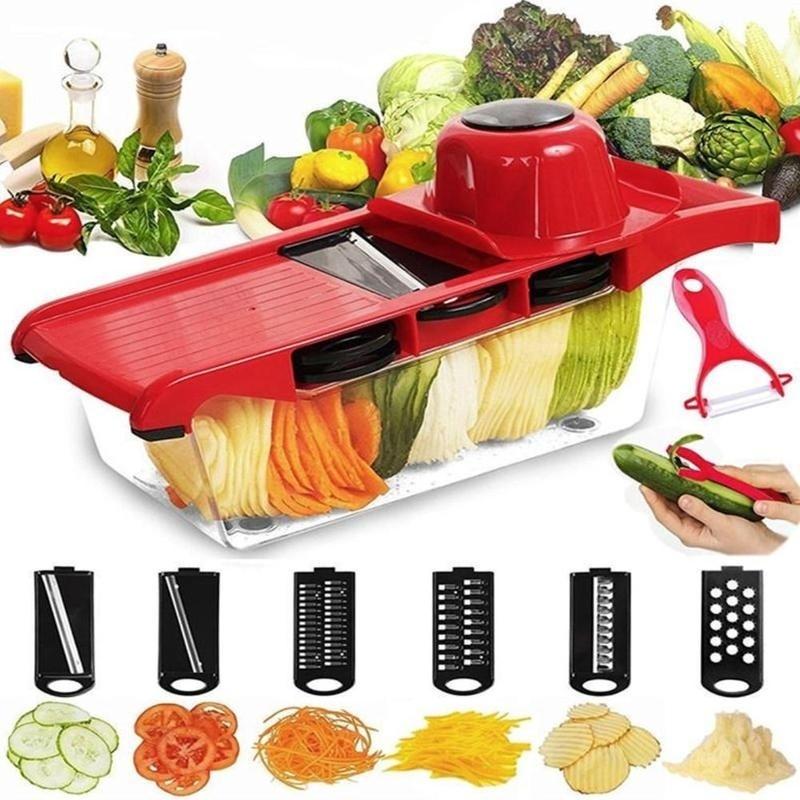 6-in-1 multifunctional vegetable slicer and cutter with steel blade for kitchen use, ideal for potatoes and carrots