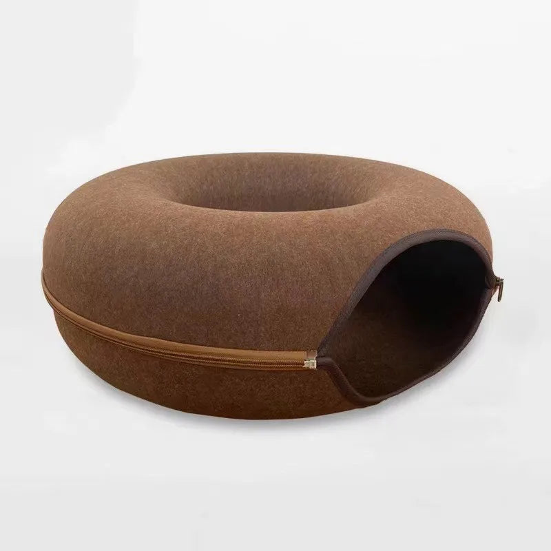 Donut-shaped cat bed with an interactive tunnel made of felt, ideal for kitten training, play, and resting indoors.