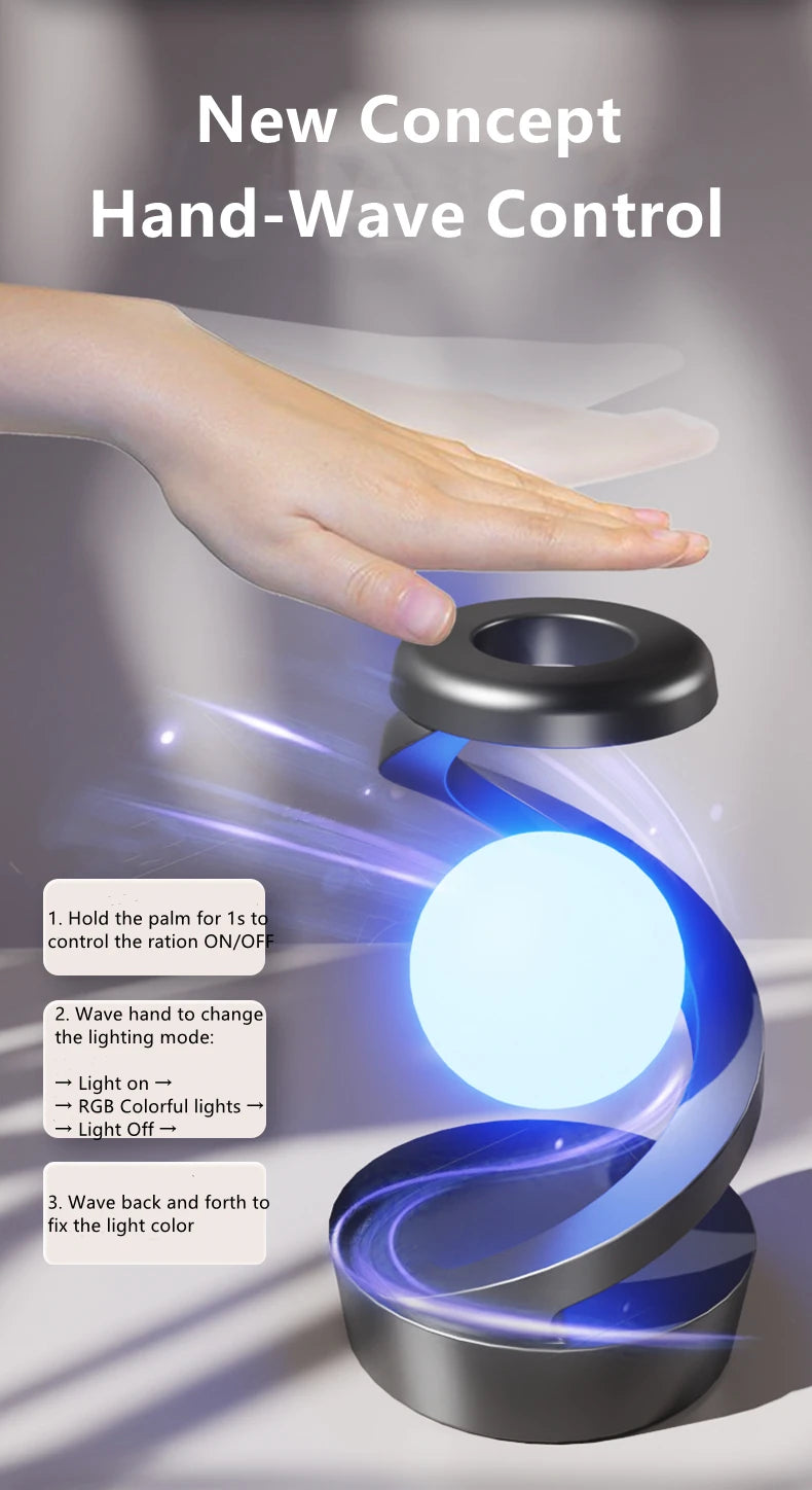 A modern creative table lamp with a rotating floating design, built-in 15W wireless charger for mobile phones, and RGB atmosphere night light for a cozy ambiance.