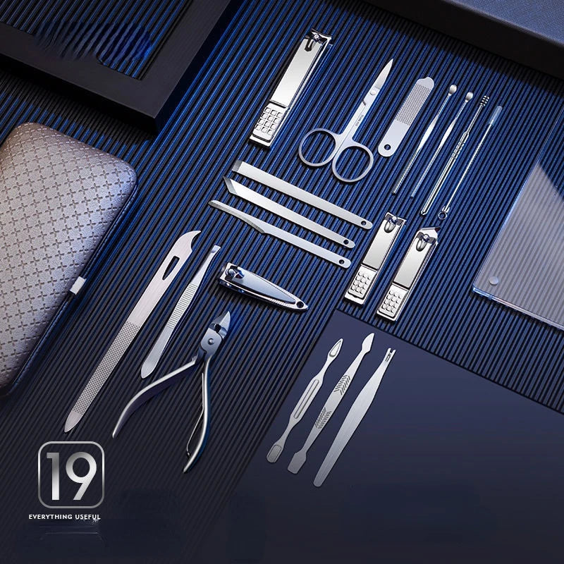 Complete nail clipper set with 8/9/11/12/16/19PCS stainless steel manicure and pedicure tools, including nail scissors, earpick, and toe nail clippers