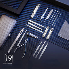 Complete nail clipper set with 8/9/11/12/16/19PCS stainless steel manicure and pedicure tools, including nail scissors, earpick, and toe nail clippers