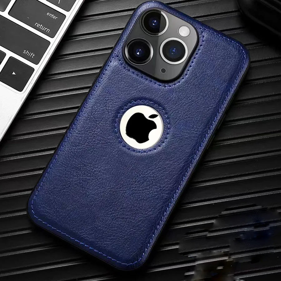 Luxury leather case with logo cutout and lens protection for iPhone 15 Pro Max, 14, 13, 12, 11, and older models