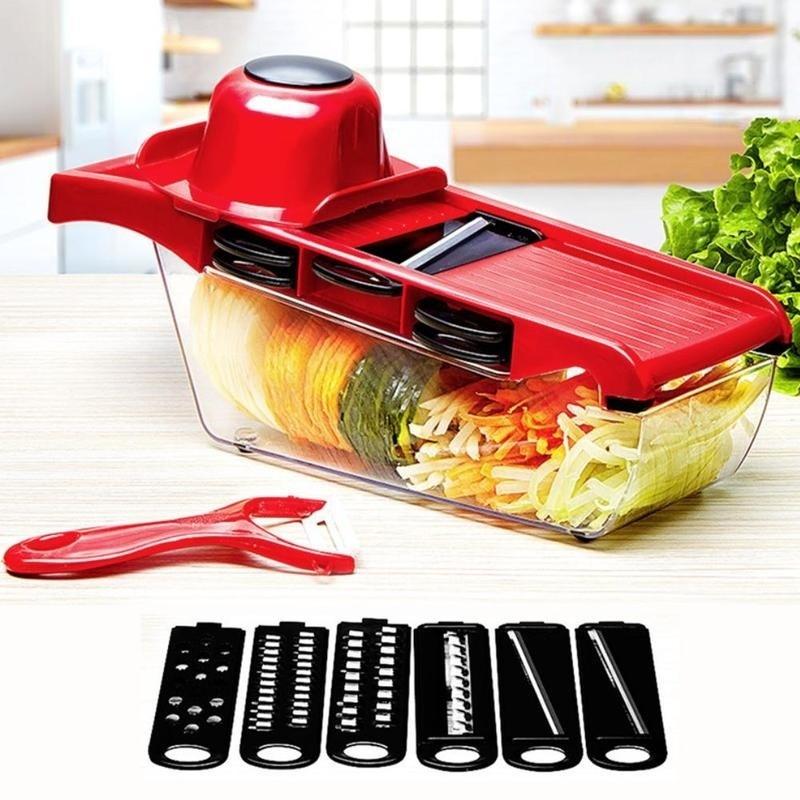 6-in-1 multifunctional vegetable slicer and cutter with steel blade for kitchen use, ideal for potatoes and carrots