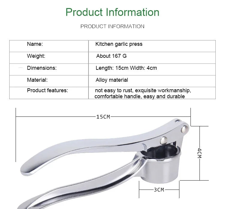 Stainless steel garlic press crusher and mincer for easy garlic grinding and manual squeezer use