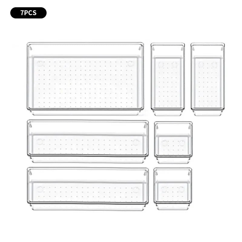 7/14-piece drawer organizer set with clear plastic desk dividers for office, dresser, and bedroom storage that organizes jewelry, makeup, and gadgets