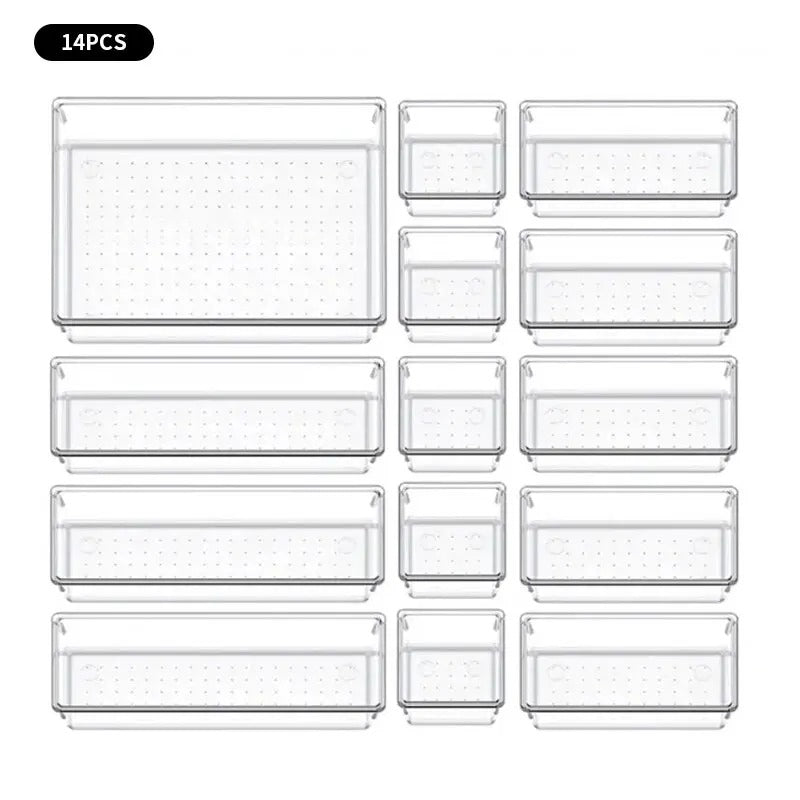 7/14-piece drawer organizer set with clear plastic desk dividers for office, dresser, and bedroom storage that organizes jewelry, makeup, and gadgets